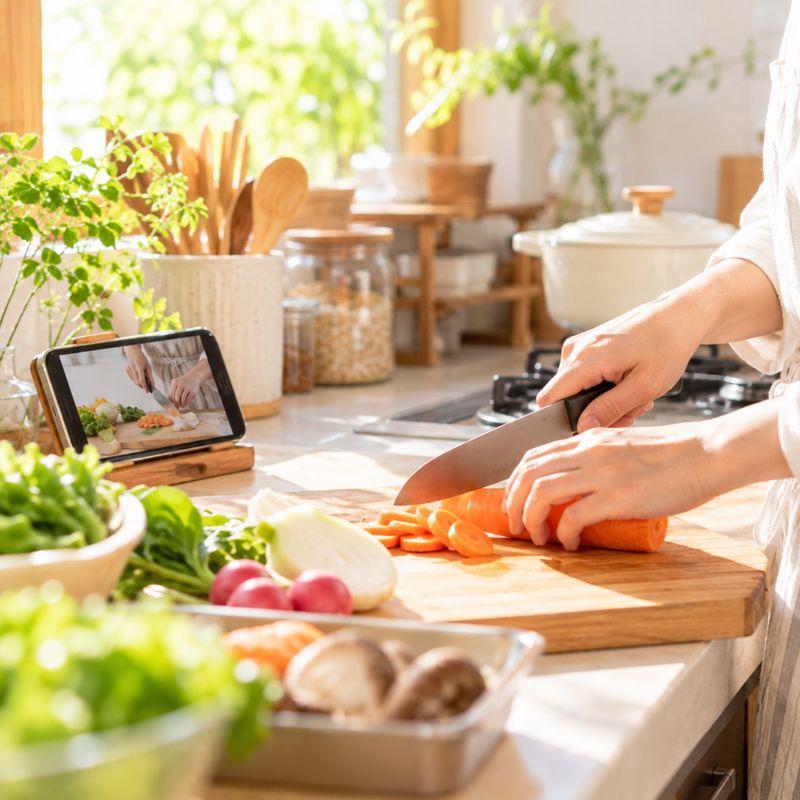スマホのレシピ動画を見ながら料理する手元